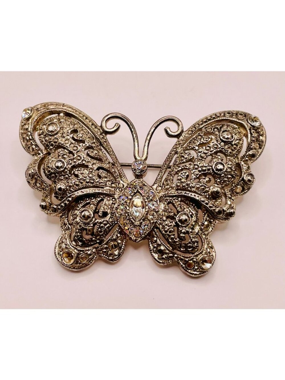 Vintage Silver Tone Filigree Marcasite Rhinestone Butterfly Brooch Pin -26B